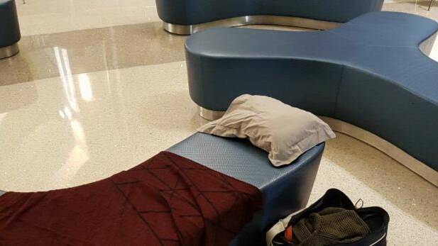Passenger James Alsop's makeshift bed for the night. Photo: James Alsop