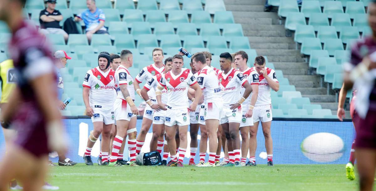 Dejected: St George Illawarra re-group after another Manly try in the under-20s preliminary final on Saturday. Picture: Chris Lane