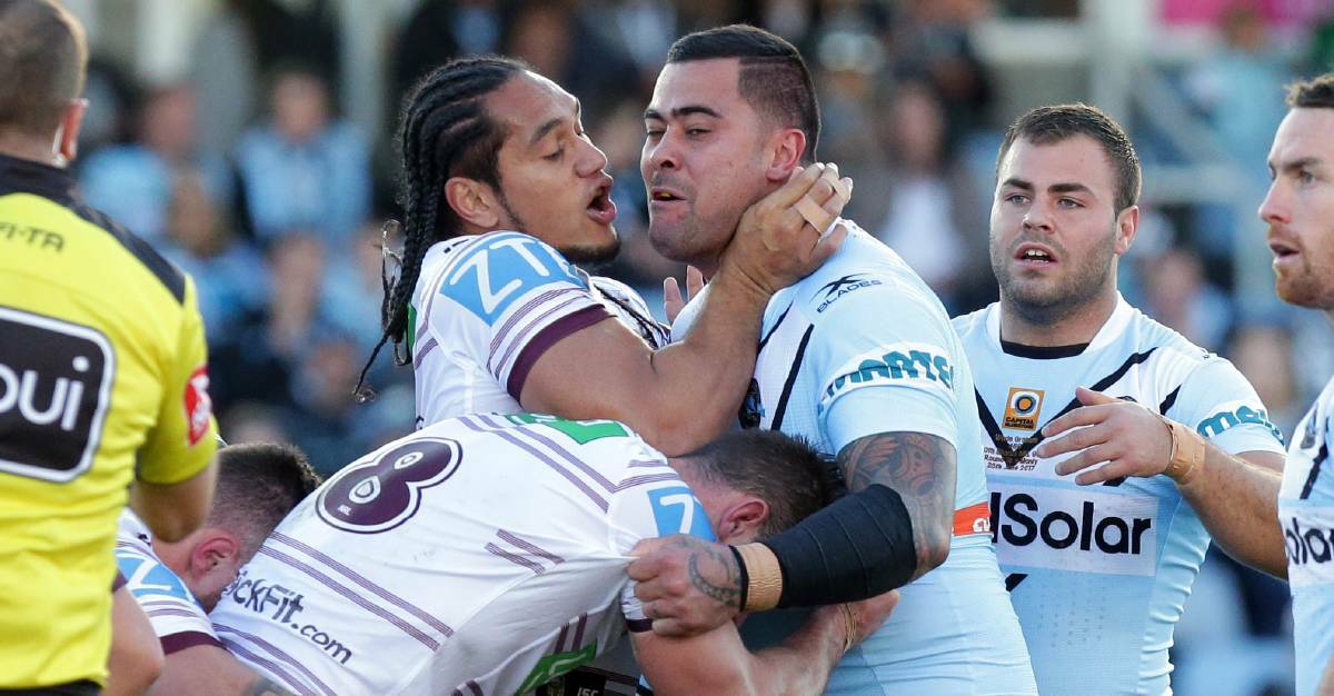 Tough going: Sharks prop Andrew Fifita made little impact against the dominant Manly pack. Picture: Chris Lane
