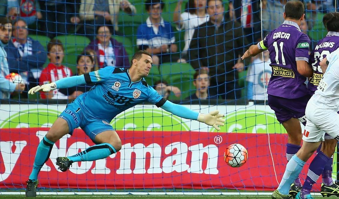 Ante Covic in goal for Perth Glory against Melbourne City FC at AAMI Park in November, 2015. Picture: Robert Cianflone/Getty Images