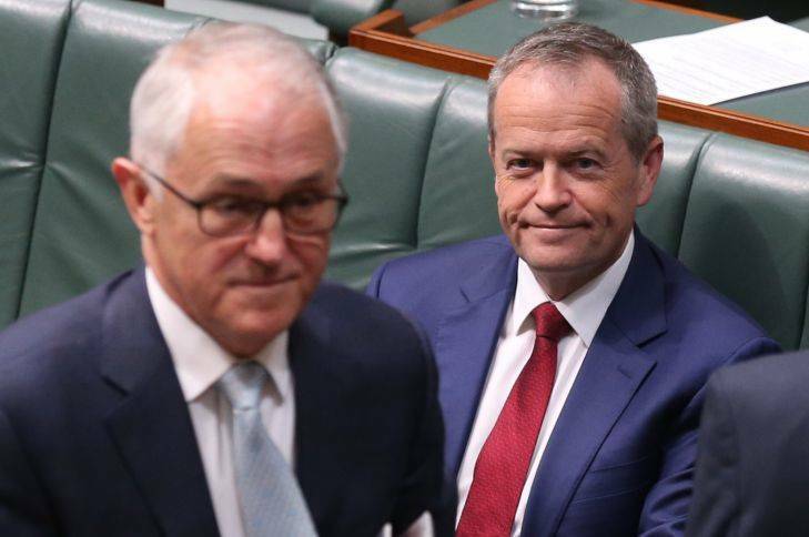 Prime Minister Malcolm Turnbull and Opposition Leader Bill Shorten during a vote that Deputy Prime Minister Barnaby Joyce no longer be heard during question time at Parliament House in Canberra. Photo: Andrew Meares
