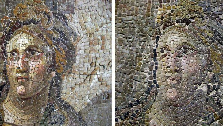 Botched: A mosaic before restoration (left) and after restoration. Photo: Tamer Yazar/AP
