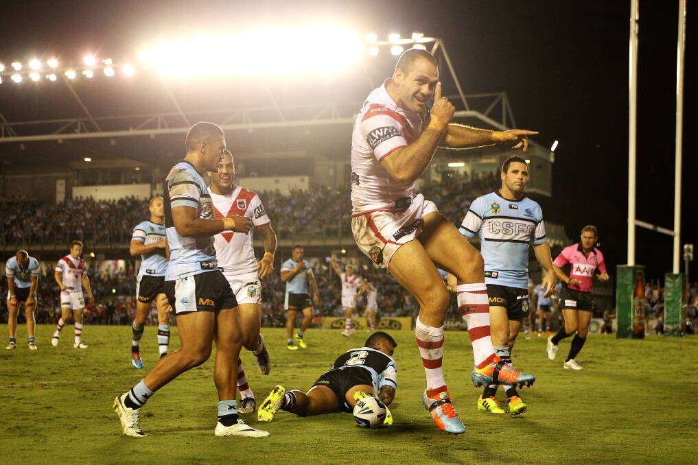 Jason Nightingale of the Dragons celebrates scoring a try during the round three NRL match between the Cronulla-Sutherland Sharks and the St George Illawarra Dragons at Remondis Stadium. Picture: Matt Blyth/Getty Images