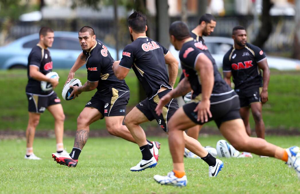 SYDNEY, AUSTRALIA - APRIL 15:  Sika Manu looks to pass during a Penrith Panthers NRL training session at Sportingbet Stadiumon April 15, 2014 in Sydney, Australia.  (Photo by Renee McKay/Getty Images)