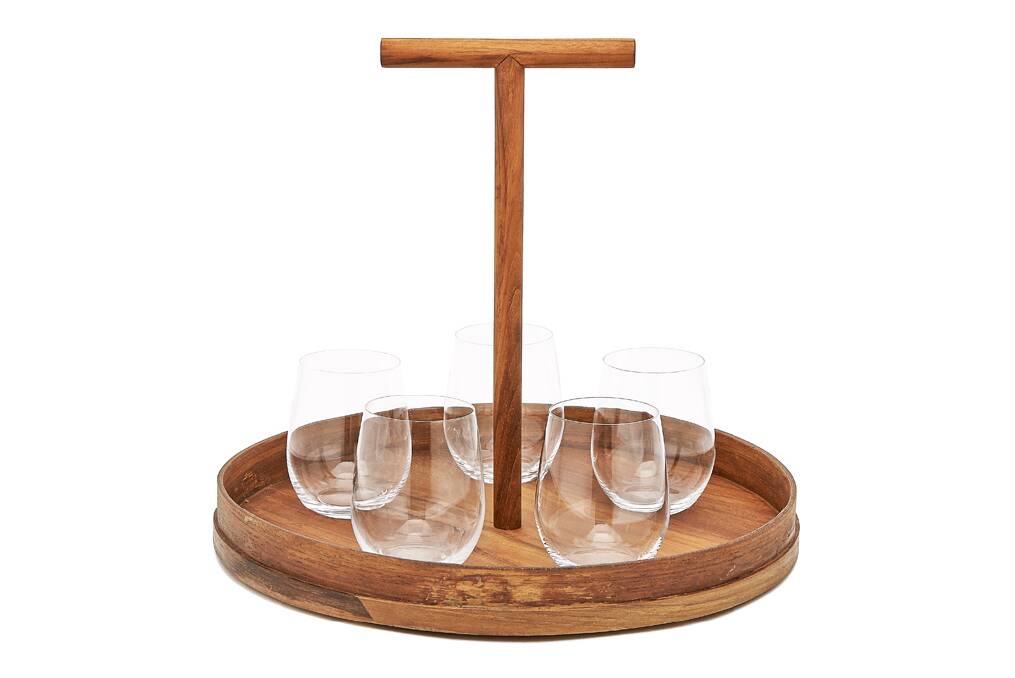 Well served: A wooden drinks tray that combines old-world charm with modern design aesthetic; $269, beansandjazz.com.au