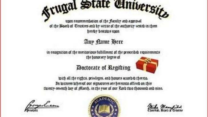 This could be the ultimate gift for a regifter. A doctorate of regifting from Frugal State University.  Photo: ebay.com 
