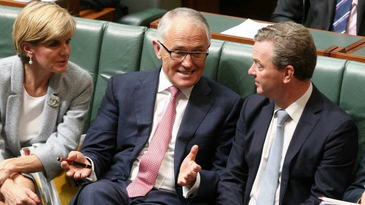 Prime Minister Malcolm Turnbull with Minister for Foreign Affairs Julie Bishop and Minister for Industry, Innovation and Science Christopher Pyne on Thursday. Photo: Alex Ellinghausen