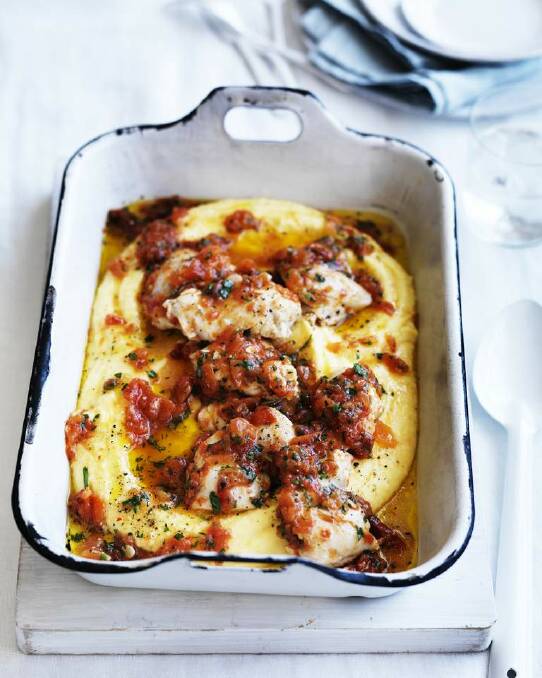 Neil Perry's 'chicken in crazy water' aka polenta and chili-spiked tomato sauce <a href="http://www.goodfood.com.au/good-food/cook/recipe/chicken-in-crazy-water-20140114-30rzs.html"><b>(recipe here).</b></a> Photo: William Meppem
