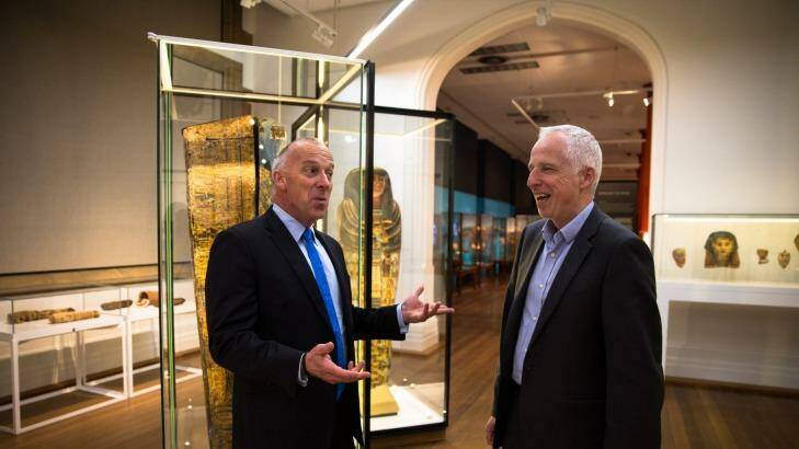 Sydney University has been given $15 million to build the  new Chau Chak Wing museum. Vice-chancellor Dr Michael Spence, left, and David Ellis, Director of Museums at the university, discuss the gift. Photo: Edwina Pickles