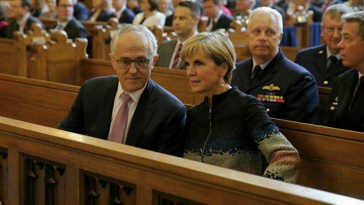 Prime Minister Malcolm Turnbull and Minister for Foreign Affairs Julie Bishop during the ecumenical service to mark the opening of the 45th Parliament on Tuesday morning. Photo: Alex Ellinghausen