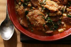 Chicken and chickpea stew with chorizo. Photo: Marina Oliphant