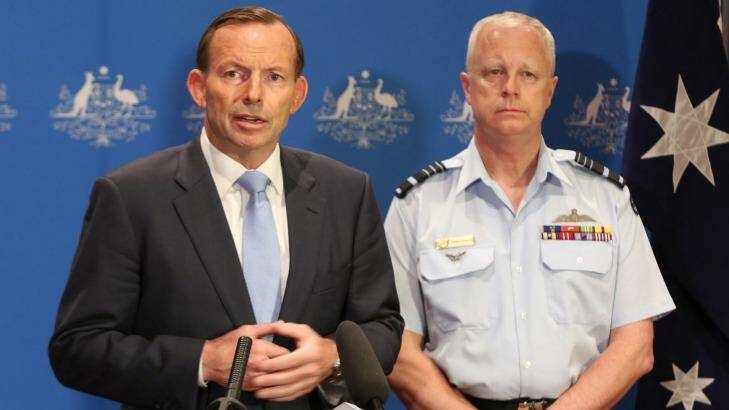 Prime Minister Tony Abbott with Chief of the Defence Force, Air Chief Marshal Mark Binskin, announcing that Australia will be sending a military force to the Middle East. Photo: Office of the Prime Minister.