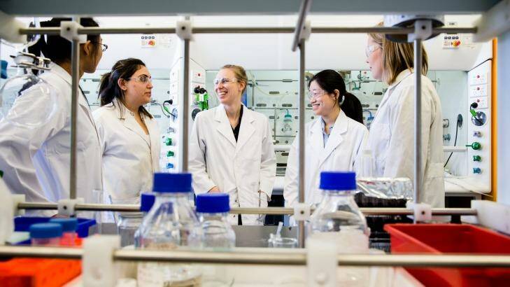 The number of female postgraduates in STEM subjects outpaced men in NSW in 2015. From left: University of Sydney chemistry PhD students Eileen Wang, 25; Nabiha Elias, 25; Paige Hawkins, 23; Wendy Tran, 22; Emma Watson, 23.  Photo: Edwina Pickles