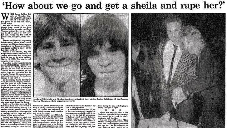 A report in the Herald on June 23, 1990, on the trial of Matthew Elliott, left, who was 16, and Wayne Jamieson, who was 22, when they murdered Janine Balding, right, pictured with her fiance. Photo: Supplied