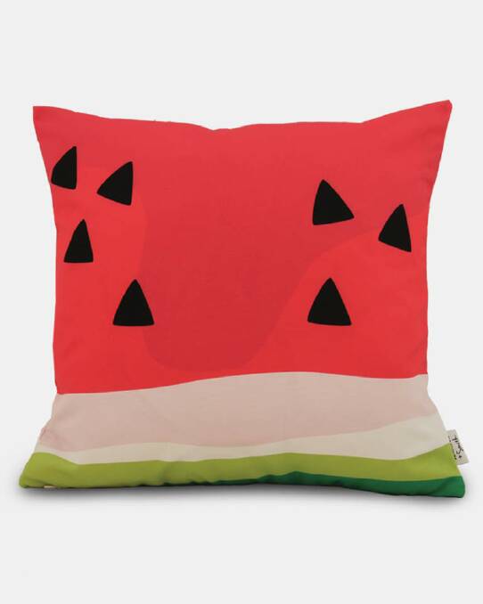 Fruity capers: A new range of outdoor cushions from Sydney-based design duo Jennifer + Smith take their inspiration from summer fruits. The cushion canvas is water and stain resistant. $115. jenniferandsmith.com.au Photo: Supplied