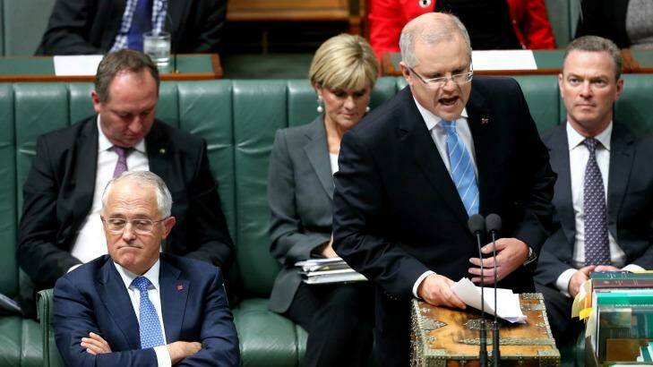 Prime Minister Malcolm Turnbull and Treasurer Scott Morrison during question time at Parliament House. Photo: Alex Ellinghausen