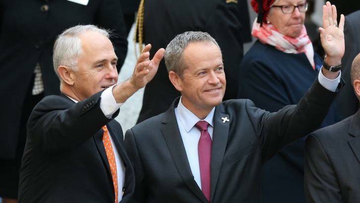 Mr Turnbull and Opposition Leader Bill Shorten before the Last Post Ceremony at the Australian War Memorial on Monday afternoon. Photo: Andrew Meares
