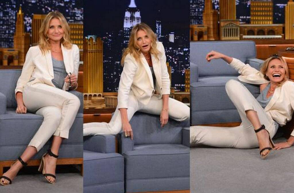 THE GOOD: Every time I see an actress on one of these late night shows in a thigh-skimming, body-hugging dress I can't help but wince - surely the poor thing is spending the entire interview worrying about accidentally flashing her spanx to a live audience... Which is why Cameron Diaz gets two thumbs up for rocking this chic trouser suit on The Tonight Show. The gorgeous 42-year-old demonstrates just how fun life can be when straddling a couch and rolling round on the floor when working is a legitimate option.