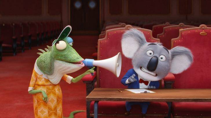 Miss Crawly (voiced by Garth Jennings) and Buster Moon (Matthew McConaughey) in Sing.
