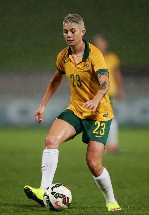 Hat-trick hero: Michelle Heyman scored three goals in the Matildas 11-0 win over Vietnam last night. Picture: Matt King/Getty Images.