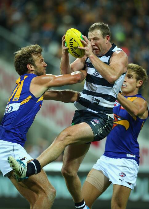 ROUND 4: The AFL match between the Geelong Cats and the West Coast Eagles at Skilled Stadium on Saturday night. Photos:Getty Images.
