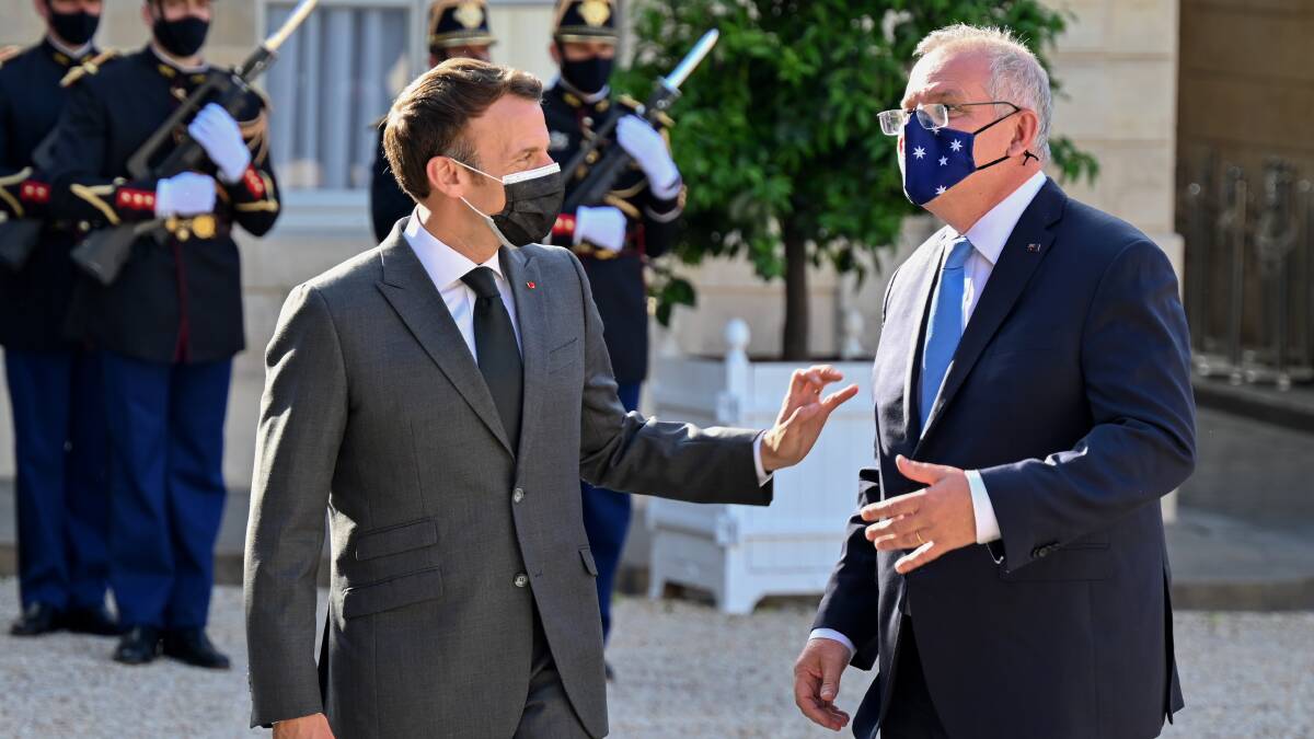 French President Emmanuel Macron and Prime Minister Scott Morrison earlier this year. Picture: Getty Images