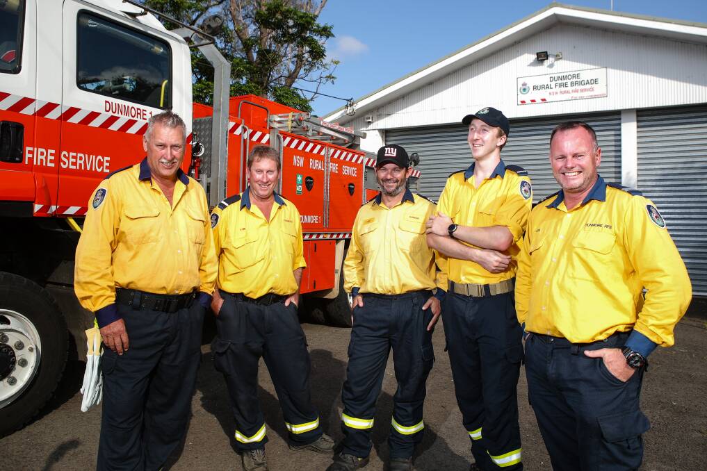 Dumnore RFS crew Tim Anderson, Greg Hardy, Cameron Chisholm, Les Millier and Daryl Kimmins at their station. Picture: Adam McLean