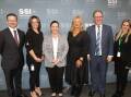 Multiculturalism Minister Mark Coure, Joudy Lazkany (Head of Employment Services, SSI), Holsworthy MP Melanie Gibbons, Violet Roumeliotis (SSI chief executive) CEO, SSI, Skills and Training Minister Alister Henskens, Natalie Bartolo (RESP program manager, SSI).