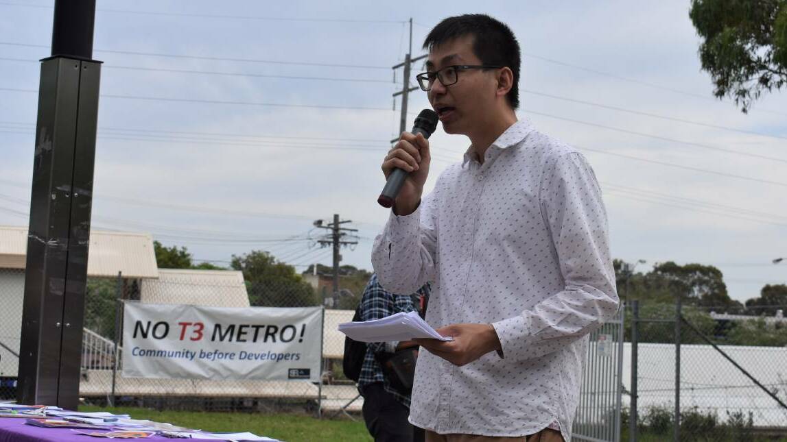 Community action group spokesman Roydon Ng speaking at a rally in 2018. Picture: Deborah Kesumo/Co/Restore Inner West Line