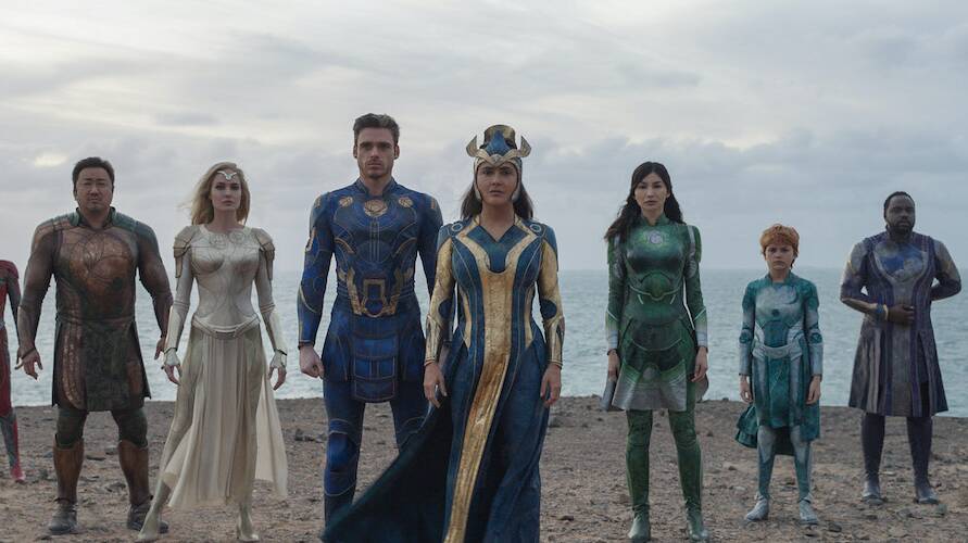 Too ambitious: Ma Dong-seok, Angelina Jolie, Richard Madden, Salma Hayek, Gemma Chan, Lia McHugh and Brian Tyree Henry star in Marvel's Eternals, rated M, in cinemas now. Picture: Disney