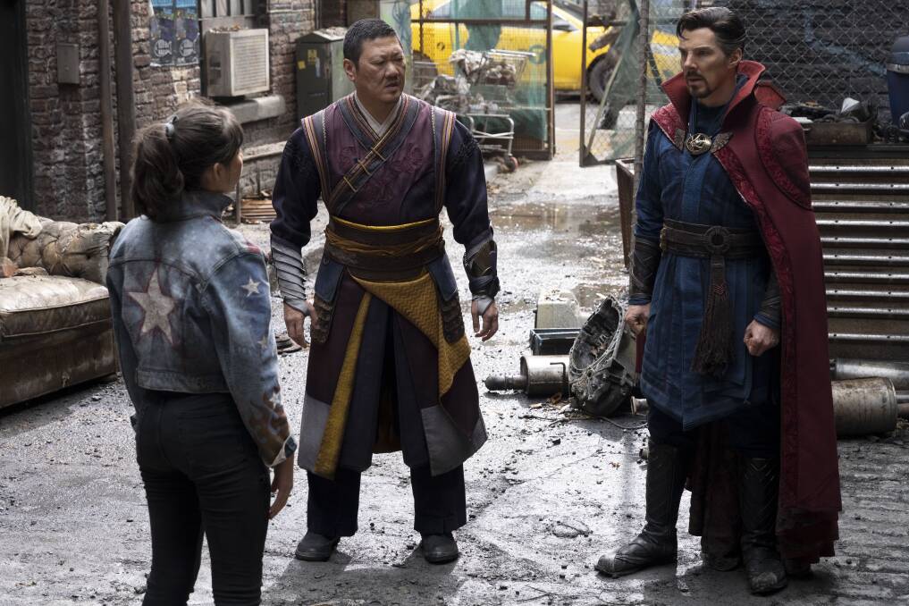 Into the multiverse: The two Benedicts - Wong and Cumberbatch - as powerful sorcerers Wong and Doctor Strange with Xochitl Gomez as America Chavez. Picture: Marvel Studios