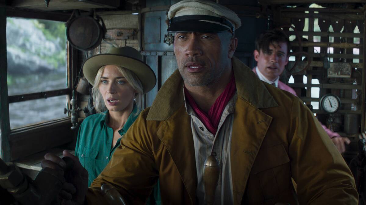 Adventure time: Emily Blunt, Dwayne Johnson and Jack Whitehall star in Disney's latest big-budget adventure film Jungle Cruise, rated M, streaming on Disney+ now. Picture: Disney