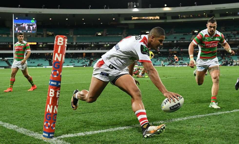 Nene Macdonald of the Dragons scores a try during the Round 22 NRL match between the St George Illawarra Dragons and South Sydney Rabbitohs at the SCG in Sydney, Friday, August 4, 2017. Photo: AAP Image/David Moir
