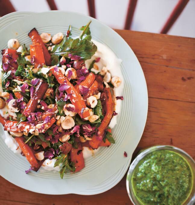 Roasted carrots with yoghurt, hazelnuts and harissa. Picture: Sophie Hansen