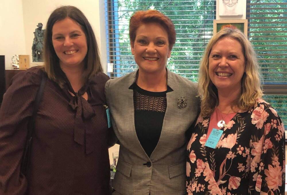 OPPOSITION: No Radioactive Waste On Agricultural Land in Kimba or SA members Toni Scott, left, and Sue Woolford, right, with One Nation Senator Pauline Hanson (middle).