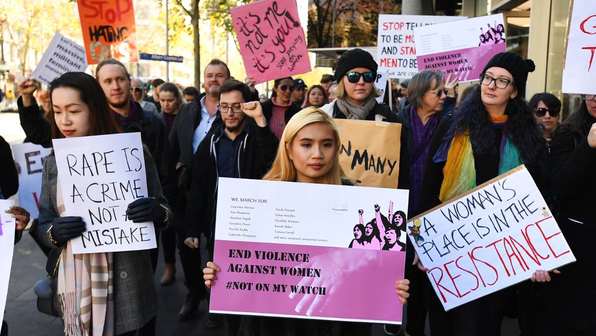Protesters march in Melbourne last month calling for an end to violence against women following the tragic murder of Courtney Herron on May 25. Picture: AAP