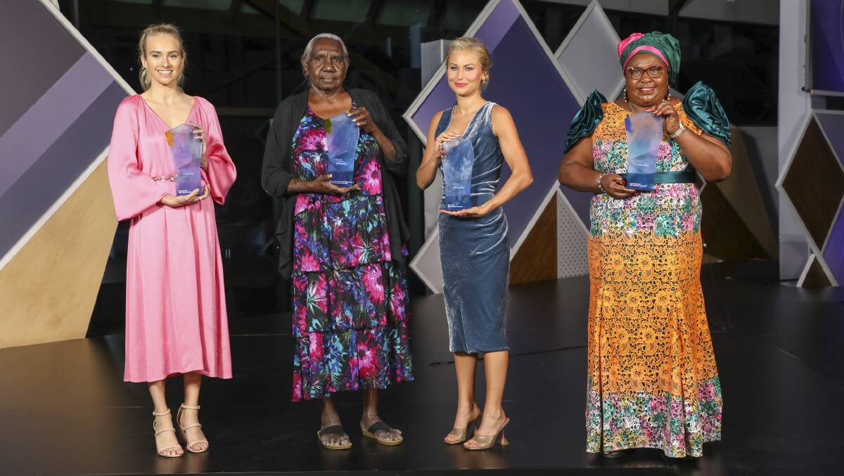 Isobel Marshall, Miriam-Rose Ungunmerr Baumann, Grace Tame and Rosemary Kariuki accept their Australian of the Year Awards in 2020. Picture: National Australia Day Council
