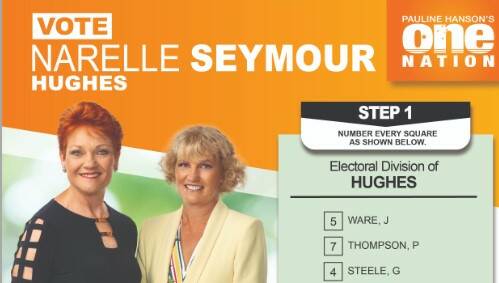 How to vote card purporting to show Pauline Hanson and Narelle Seymour on the party's website.