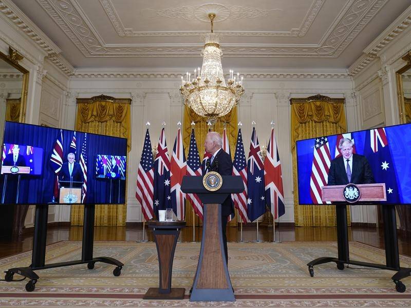 President Joe Biden and PMs Scott Morrison and Boris Johnson announced the pact virtually.
