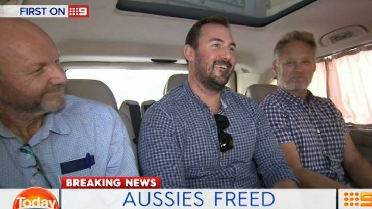 The 60 Minutes crew following their release from a Lebanon jail. Pictured: Stephen Rice, Ben Williamson and David Ballment. Photo: Nine Network