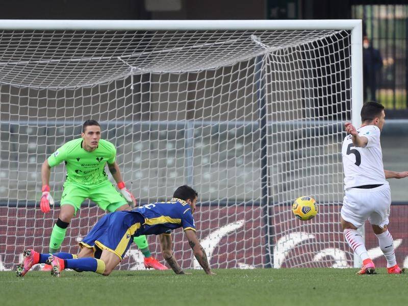 AC Milan's Diogo Dalot scores his side's second goal in their Serie A win at Verona.