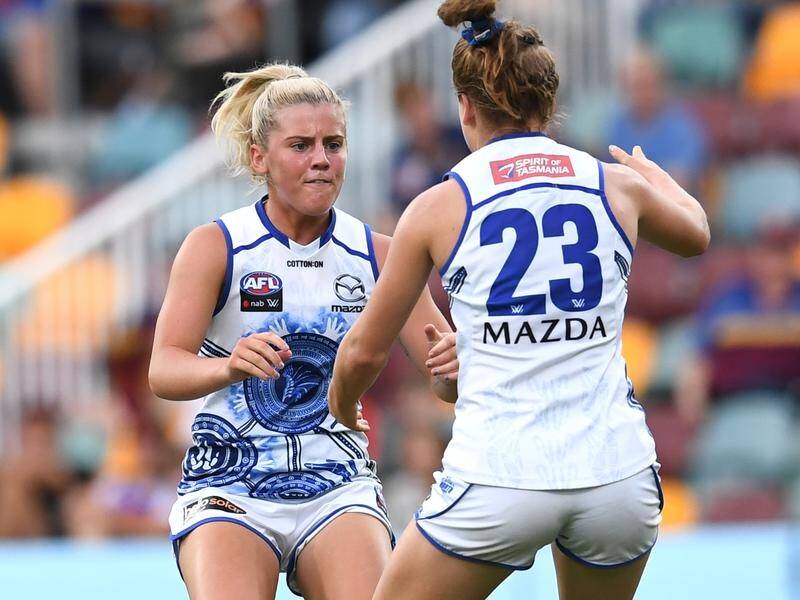 Daisy Bateman (L) and Mia King (R) both kicked goals in the Kangaroos' AFLW win over Geelong.
