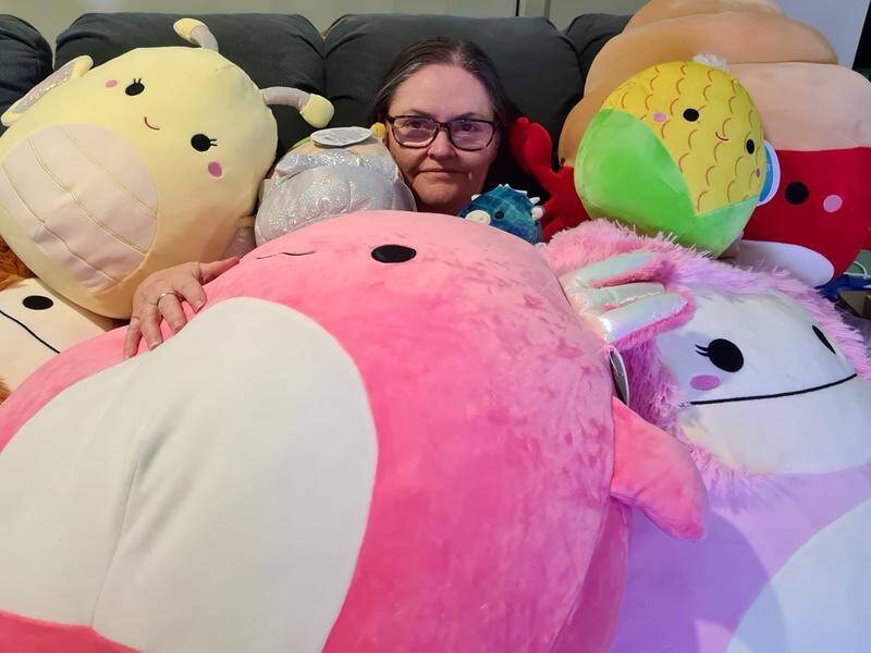 Kathy Stajkowski has collected about 50 Squishmallows of various sizes from all over the world.