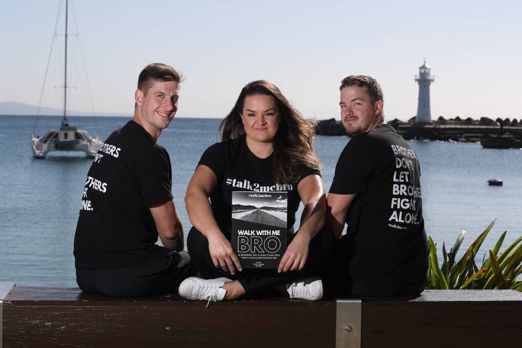 Coast to coast: #talk2mebro's Luke Conners, Kristy Hajjar and Jack Brown plan a walk across Australia to reach more communities and raise more funds for suicide prevention work. Picture: Robert Peet.
