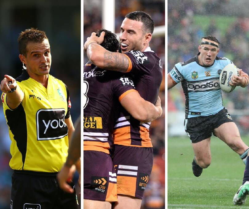 NRL Referee Grant Atkins, Broncos and Sharks captains Darius Boyd and Paul Gallen. Pictures: Getty Images